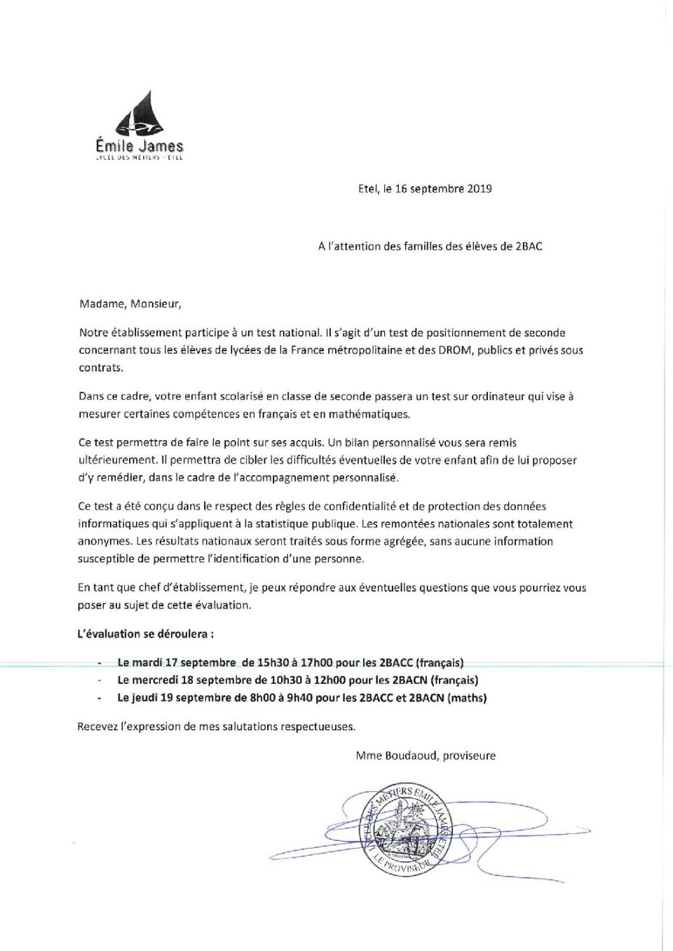 Courrier parents élèves 2BAC