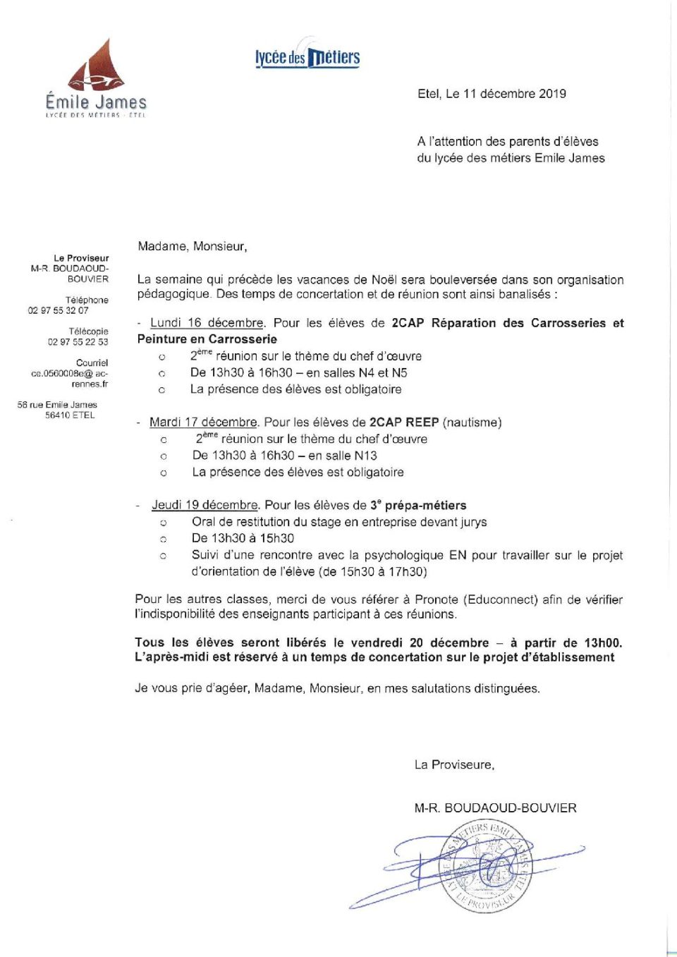 Courrier semaine banalisée du 16 au 20 décembre 2019